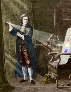 イギリスの物理学者アイザック・ニュートン（1642-1727）は、ガラスのプリズムで光を分解した。1880年の版画。 作： Unknown artist
