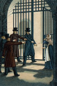 ラ・ロシェルの4人の軍曹（ボリーズ、ポミエ、ラウルクス、グーダン）は、1822年に王政とギロチンの転覆を望んだとして、維新の下で告発された。彼らの罪はシャルボネリー（カルボネリア）に所属していること。 作： Unknown artist