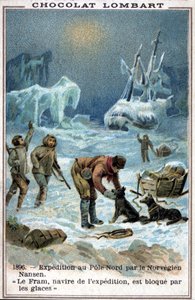 1896年、北極海の氷に埋もれたノルウェーの探検家、フリットヨフ・ナンセンの船「フラム号」。 作： Unknown artist