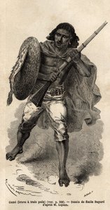 ゲーム、または勇者は三毛作、アビシニアンの銃兵。1862年、エドゥアール・シャルトンの指導のもとに出版された「Le tour du monde, nouveau journal des voyages」に掲載されたギヨーム・ルジャンによるアビシニアへの航海を示すためのエングレーヴ。 作： Unknown artist