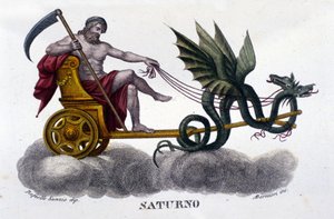 2頭のドラゴンが発射する戦車に乗ったサトゥルヌス神（クロノス）。ラファエロ・サンツィオ（Raffaello Sanzio）のイラストより。19世紀のエングレーヴィング。 作： Unknown artist