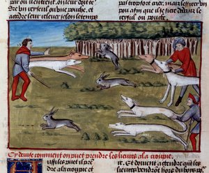 フォワ伯爵、ベアン公ガストン3世フィーバスの「狩猟の書」よりウサギ狩りのミニチュア（1331年～1391年 作： Unknown artist