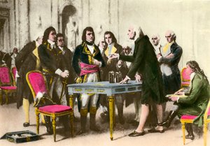 イタリアの物理学者アレッサンドロ（アレクサンドル）・ボルタ（1745-1827）が、ナポレオン・ボナパルトに杭を贈る。1801年 個人蔵 作： Unknown artist