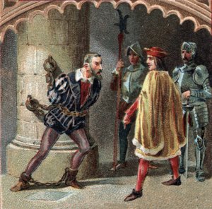 フランス王ルイ12世は、リュドヴィック・マリー・スフォルツァ（Ludovico Maria Sforza detto il Moro）（1452-1508）をトゥーレーヌ地方のロッシュ城に幽閉した。19世紀末のクロモリトグラフ 作： Unknown artist