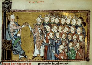フランス王ルイ10世（1289-1316）は、1315年3月19日、ノルマンディー公爵の独立性を高め、税金を減らすことを考え、ノルマン人に憲章を渡した。14世紀の写本のミニチュア 作： Unknown artist