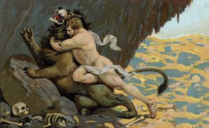 ヘラクレスの労苦ヘラクレスとネメのライオン、20世紀初頭（クロモ） 作： Unknown Artist