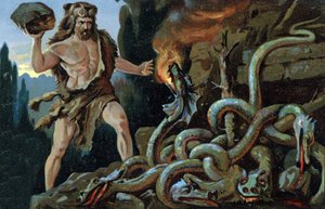 ヘラクレスの労苦ヘラクレスがレルヌのヒュドラを殺す、20世紀初頭（クロモ）