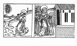 聖ベルナール・ド・メントン（923 - 1008）の生涯。Voragine（1228-1298）のJacobus（James）による「Leben der Heiligen - sommerteil」（聖人の書）からのエングレーヴィング。リュベック 1488年 作： Unknown artist
