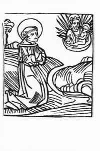 聖ベルナール・ド・メントン（923 - 1008）の生涯。Voragine（1228-1298）のJacobus（James）による「Leben der Heiligen - sommerteil」（聖人の書）からのエングレーヴィング。リュベック 1488年 作： Unknown artist
