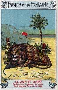 ライオンとネズミ - ジャン・ド・ラ・フォンテーヌ（1621-95）の寓話 - 19世紀末のChromolithography 個人蔵 作： Unknown artist