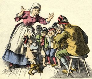 小さなプーレとその兄弟は、両親のもとに帰る。シャルル・ペローの「Le Pepetit Poucet」という物語の挿絵 作： Unknown artist