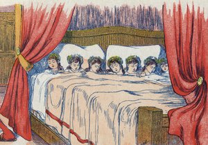 親指小僧とその兄弟が眠る、頭には王冠。フランスの作家、シャルル・ペロー（1628-1703）の物語「Le Pepetit poucet」の挿絵。匿名のイラスト。イメージ：Marcel Vagne, Jarville Nancy, undated (19世紀後半).