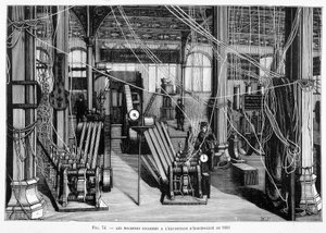 1881年の電気博覧会での機械グラム - ルイ・フィギエの「科学の新発見」に掲載されています。 作： Unknown artist