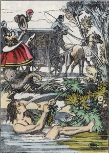 カラバ侯爵は溺れるふりをし、長靴の猫は助けを求めます。シャルル・ペローの物語「長靴をはいた猫」の挿絵 作： Unknown artist