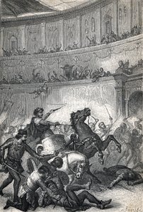 390年のテサロニケの大虐殺。エングレーヴィング 1884 作： Unknown artist
