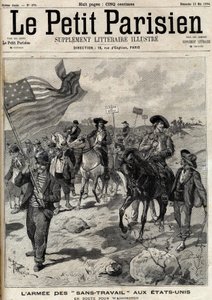 ワシントンに向かうアメリカの「ノーワーク」軍団。4月にはペンシルバニア州とオハイオ州でストライキが行われ、ジェイコブ・コクシー率いる失業者の軍隊が仕事を求めてワシントンに向かって行進した。ル・パリジャン」に掲載された版画 作： Unknown artist