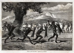 戦争の踊りを披露するオブボ族（ウガンダの部族）。エドワード・シャルトンの指揮で出版された「Le tour du monde, nouveau journal des voyages」に掲載された、1861年から1864年にかけてのサミュエル・ホワイト・ベイカー卿のアルバート湖への旅を説明するためのエングレーヴィング。 作： Unknown artist