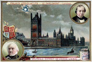 ウィリアム・エワート・グラッドストーン（1809-1898）とビーコンズフィールド卿ベンジャミン・ディズレーリ（1804-1881）の肖像が描かれたウェストミンスター宮殿（イギリス・ロンドンの議会） - リービッヒ・クロモリトグラフィー 作： Unknown artist