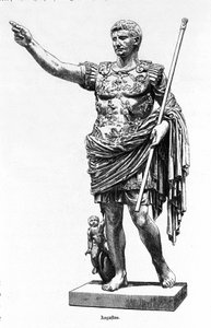 ローマ皇帝アウグストゥス（オクタヴィアン、Octavian）（紀元前63年～14年） 19世紀のエングレーヴィング。 作： Unknown artist