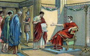 ローマ皇帝コンスタンティヌス（272-337）は、信仰の平等性に関する最初の宗教法を制定しました。19世紀末のクロモリソグラフィー。 作： Unknown artist