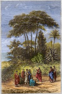 ピタゴラスの学校-クロトナの弟子たちの中のピタゴラス-1879年の彫刻-クロトナの陰影の下の哲学者ピタゴラスとその弟子たち-1879年の彫刻 作： Unknown artist