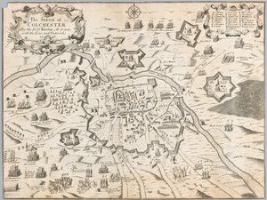 フェアファクス卿によるコルチェスター包囲戦、1648年にラインとアウトワークと一緒にあった時の様子（エングレーヴィング 作： Unknown artist