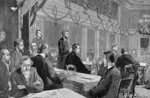 アウグスト・ベーベルが出席した1890年のハレ（ザクセン州）の社会主義者会議、1890年のエングレーヴィング。 作： Unknown artist