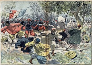 サモリー・トゥーレ（1835年頃～1900年頃）のスーダン軍は、ワルフェル中尉率いるフランスの植民地によって、カヴァルビー川のほとりに配置された。スーダン、1898年9月9日。10月9日付「ル・ペレラン」紙の挿絵 作： Unknown artist