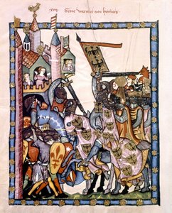スイスの詩人・騎士グラーフ・ヴェルナー・フォン・ホンベルグ（1284-1320）は、皇帝ヘンリー7世に仕えて、シチリアのアンゲヴァイン軍が守る砦を包囲した。写本「Manesse」または「Manessesche Liederhandschrift」のミニチュア。 作： Unknown artist