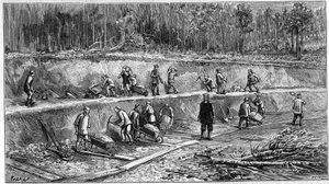 シベリア鉄道。中国人労働者の現場。写真から）。1895年10月5日付の「La Nature: revue des sciences et de leurs applications aux arts et a l