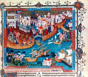 ヴェネツィアの探検家マルコ・ポーロは、1271年に父と叔父とともにヴェネツィアの街を離れ、極東のシルクロードを目指しました。 作： Unknown artist