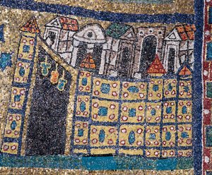 天空のエルサレムのビジョン：要塞化された引用で表現されたエルサレムの詳細。830年頃のモザイク。ローマ、サンタ・プラッセーデ大聖堂の凱旋門 作： Unknown artist