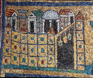 天空のエルサレムのビジョン：要塞化された引用で表現されたエルサレムの詳細。830年頃のモザイク。ローマ、サンタ・プラッセーデ大聖堂の凱旋門