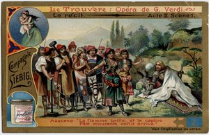 ジュゼッペ・ヴェルディ(1813-1901)のオペラ「見出人」(Il trovatore)の挿絵。19世紀末のリービッヒのクロモリトグラフィー（Chromo）。 作： Unknown artist