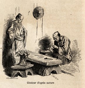 自然の後のノミ師。1863年から1864年にかけての日本への航海を説明するためのエングレーヴィング。スイス連邦の大臣アイム・アンベールが、エドゥアール・シャルトンの指揮の下で出版された「Le tour du monde, nouveau journal des voyages」に掲載されたもの。 作： Unknown artist