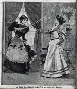 ライバルの余波：女性同士の剣の決闘。"Le Parisien "に掲載された版画 作： Unknown artist