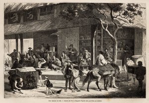 家のアニメーションと街角の活動の様子。1863年から1864年にかけて、スイス連邦公使アイム・アンベールが行った日本への航海を説明するためのエングレーヴィング。 作： Unknown artist