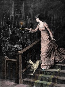 武器庫のお化け：若い女性が階段を降りて、手に持ったロウソクを鎧のセットに向けている。19世紀末の図版 作： Unknown artist