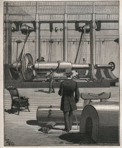 ツアーの芸術：鋼鉄製のモンスターキャノンを撃つ。Adolphe BITARDの "Les arts et metiers illustres "に掲載された1885年のエングレーヴィング。 作： Unknown artist