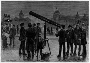 1889年2月、金星の観測時にパリのシャトレ広場にいた天文学者と彼の天文用ベゼル。La Nature.Revue des sciences et de ses applications aux arts a l