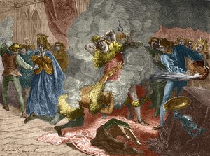 1393年1月28日、バイエルン出身のイザボー（イザベラ、エリザベス）夫人の結婚式の際、王は変装して他の4人の廷臣と鎖でつながれていた。弟のオルレ公爵 作： Unknown artist