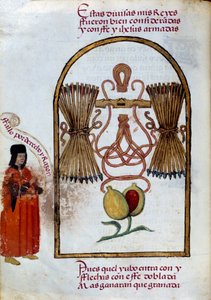バングルと矢の組み合わせカトリック国王のエンブレム（ペドロ・マルクーロ作「Devocionario de la Reyna Da Juana a Quien Llamaron la Loca」のミニチュア 作： Unknown artist