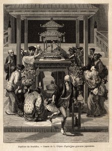 仏陀の洗礼は、毎年4月8日に行われる祝日で、信者は寺院の前でこの日のために露出した仏陀のブロンズ像に水をかける。日本への旅を描いたエングレーヴィング（アイム・アンベール作）、min