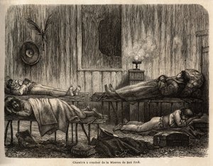 旅の途中で著者を迎えてくれたサンホセ（ペルー）のキリスト教伝道所の寝室。1848年から1860年にかけて、ポール・マルコイが「Le tour du monde」の中で行った、太平洋から南アメリカを経てアトランティック大洋への航海を説明するためのエングレーヴィング。