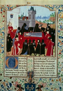 亡きシャルル6世（1368-1422）の遺体が運ばれ、その後ろに新王シャルル7世（1403-1461）の行列がある 1422年10月22日 ジャン・シャルティエによる写本「シャルル7世の年代記」（Ms.fr.2691）のミニチュア 作： Unknown artist