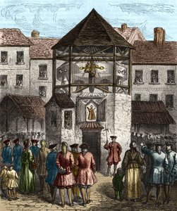 ヴォーバン侯爵Sebastien Le Prestreの著書「la dime royale」は、1707年に追放された後、ピローリーにかけられた。 作： Unknown artist