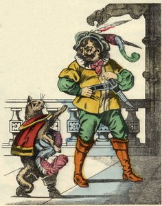 長靴を履いた猫と鬼の出会いシャルル・ペローの物語「ブーツ猫」の挿絵 作： Unknown artist