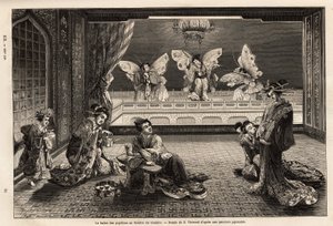 横浜の三代崎歓楽街にあるガンキロー劇場の蝶のバレエ。1863年から1864年にかけて、スイス連邦公使のアイム・アンベールが日本への旅を説明するために描いたもので、「le tour du monde」に掲載されている。 作： Unknown artist