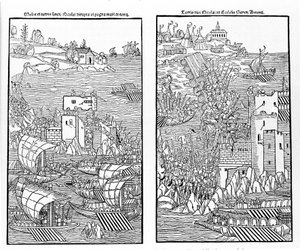 1522年、トルコ人によるロードス島の占領。トルコ人は聖ニコラスの要塞を攻撃する。キシログラフィー。 作： Unknown artist