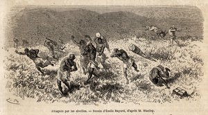 ヘンリー・モートン・スタンレーのミソンギ街道（東アフリカ）探検隊（1841-1904）の担ぎ手のキャラバンが蜂の雲に襲われた。の特派員ヘンリー・スタンレーによる、中央アフリカでのリビングストンを探す航海を説明するためのエングレーヴィング。 作： Unknown artist
